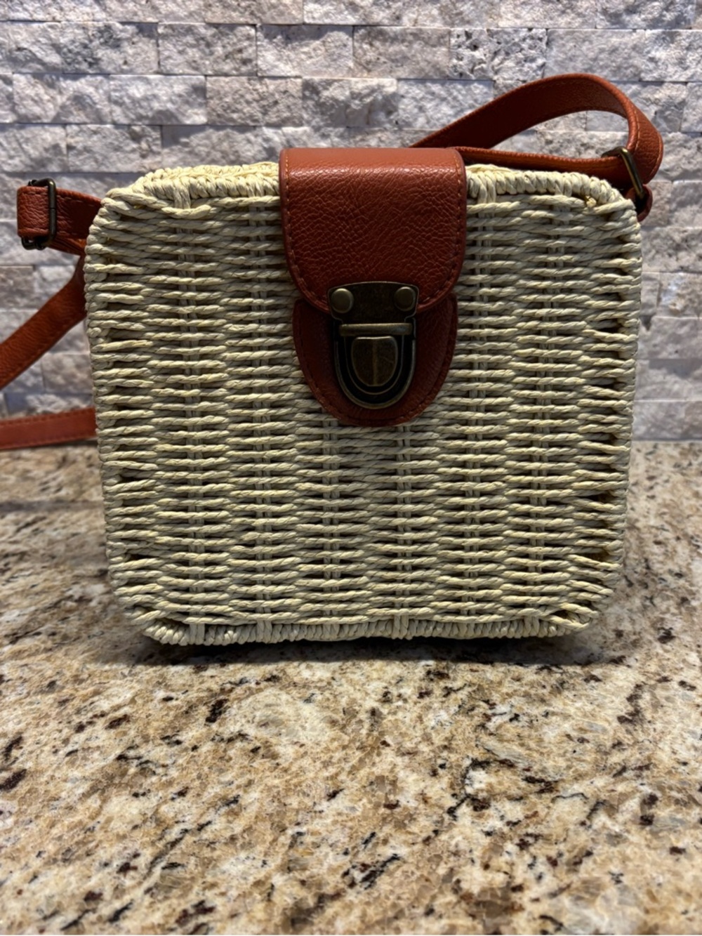 Woven Straw Crossbody with Brown Leather Accent